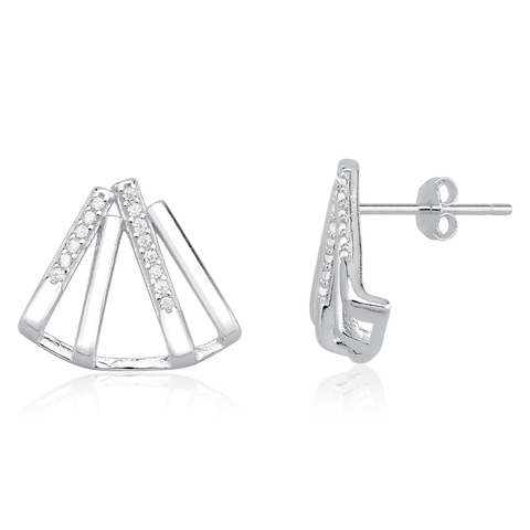Brinco de Prata Dois Fios Lisos e Dois Cravejados Intercalados Zircônia Cristal
