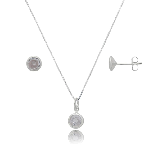 Conjunto Colar +Brinco Ponto de Luz Cristal Redondo - comprar online