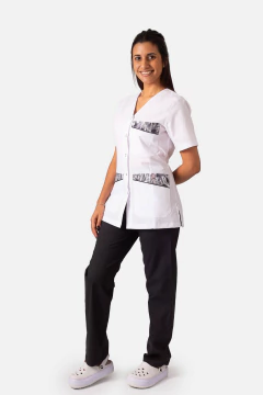 Chaqueta Abrochada Adelante Mujer Blanca | Modelo Estampado Negro - tienda online