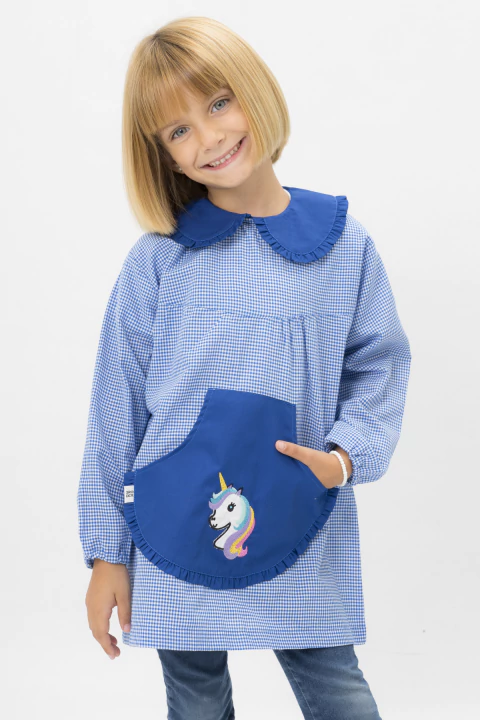 Guardapolvo Jardín Nena - Cuadrille Azul - Mangas Largas | Modelo Unicornio - comprar online