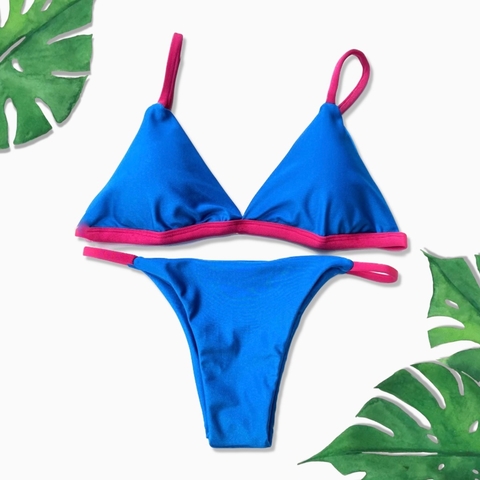 Biquini Basico Tradicional Bicolor Azul com Pink