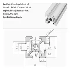 Perfil Estrutural Alumínio 20x20 1.5mm - Canal 6 - Valor por Centímetro