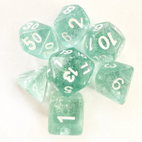 KIT 7 DADOS DICE CIANO GLITTER CENTRAL JOGO TABULEIRO RPG MESA NÚMERO BRANCO D4 D6 D8 D10 % D12 D20