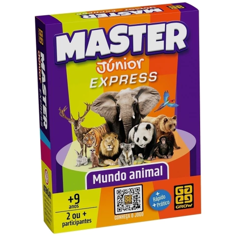 JOGO MASTER JÚNIOR EXPRESS MUNDO ANIMAL 100 CARTAS GROW PERGUNTAS RESPOSTAS DIDÁTICO JR DICA PERFIL