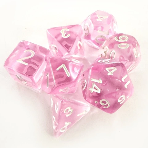 KIT 7 DADOS DICE ROSA CLARO TRANSLÚCIDO CENTRAL JOGO TABULEIRO RPG MESA BRANCO D4 D6 D8 D10 D12 D20