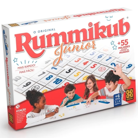 JOGO DE TABULEIRO RUMMIKUB JÚNIOR GROW BRINQUEDO DE MESA FAMÍLIA DIVERSÃO ESTRATÉGIAS DESAFIO PEDRAS