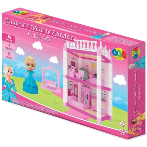 QUARTO E SALA DE ESTUDOS DA PRINCESA GGB BRINQUEDOS 56 PEÇAS CÔMODOS CASINHA MENINAS 8 MÓVEIS BONECA