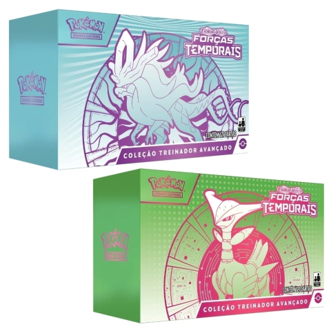 BOX COLEÇÃO TREINADOR AVANÇADO (ETB) FORÇAS TEMPORAIS ESCARLATE E VIOLETA 5 LACRADO ORIGINAL COPAG 20 BOOSTERS EV5 ELITE