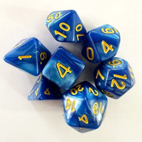 KIT 7 DADOS DICE AZUL PEROLADO CENTRAL JOGO TABULEIRO RPG MESA NÚMERO DOURADO D4 D6 D8 D10 % D12 D20
