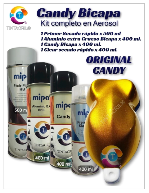 Kit completo de pintura en aerosol Candy Bicapa, incluyendo primer, aluminio, y clear 