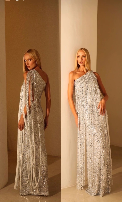 Lest Shine Vestido longo de um ombro com franjas - comprar online