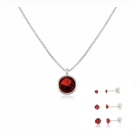 Conjunto Trio de Brincos e Colar Ponto de Luz Zircônia Vermelho
