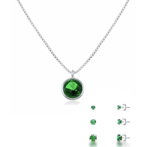 Conjunto Trio de Brincos e Colar Ponto de Luz Zircônia Verde