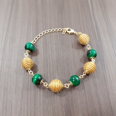 Pulseira Capim Dourado e Pedra Natural Olho de Tigre Verde 10mm . Código P415. - comprar online