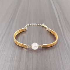 Pulseira Capim Dourado e Pedra Natural Quartzo Rosa 10mm . Código P424. - comprar online