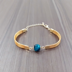 Pulseira Capim Dourado e Pedra Natural Olho de Tigre Ciano 10mm . Código P428. - comprar online