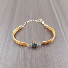Pulseira Capim Dourado e Pedra Natural Ágata Lake 10mm . Código P425.