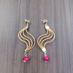 Brinco Capim Dourado e Pedra Natural Olho de Tigre Rosa. Código B440.