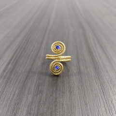 Anel Caracóis Capim Dourado 4mm com Strass Azul. Código A21. - comprar online