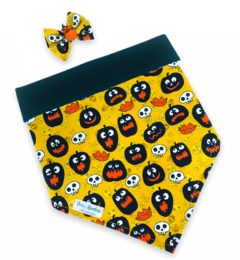 Conjunto bandana Halloween abóboras mordidinhas dupla face preta e laço