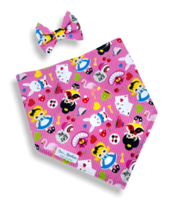 Bandana e laço Alice listradinho rosa para pet