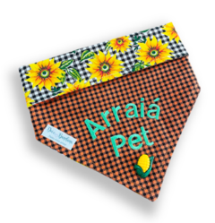 Bandana Arraiá pet xadrez laranja dupla face girassol para pet