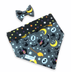 Conjunto bandana Halloween Assombrado dupla face estrelas e laço