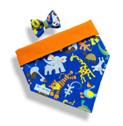 Bandana e laço bichinhos da floresta azul dupla face laranja para pet