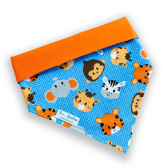 Bandana bichinhos rostinhos azul dupla face laranja para pet
