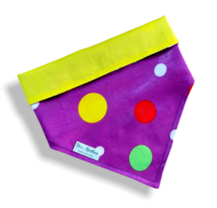 Bandana bolinhas carnaval roxo dupla face amarelo para pet