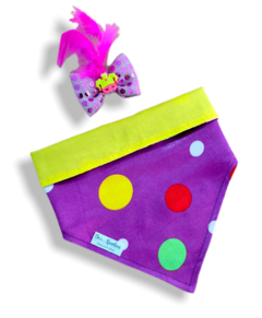 Bandana e laço bolinhas roxo carnaval dupla face amarelo para pet