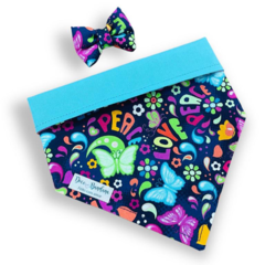 Bandana e laço borboleta peace dupla face tiffany para pet