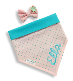 Bandana e laço bolinhas rosa com nome do pet dupla face tiffany