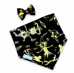 Conjunto bandana Halloween bruxa dourada e laço