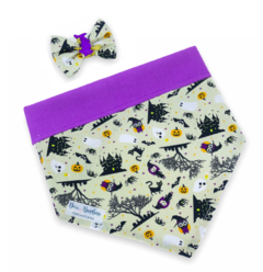Conjunto bandana Halloween bruxaria dupla face roxo e laço