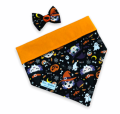 Conjunto bandana Halloween bruxinhas dupla face laranja e laço