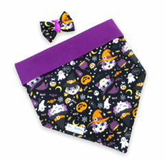 Conjunto bandana Halloween bruxinhas dupla face roxo e laço