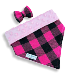 Bandana e laço bubble rosa dupla face xadrez rosa para pet