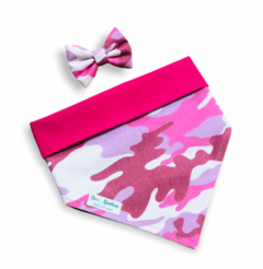 Bandana e laço camuflado rosa dupla face rosa para pet