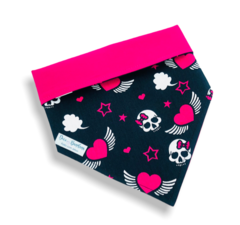 Bandana caveirinhas coração dupla face rosa para pet