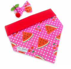 Conjunto bandana melancia e cereja dupla face vermelha e laço