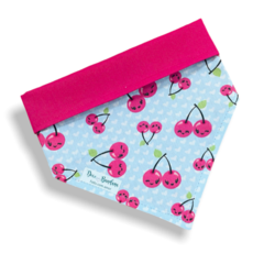 Bandana cereja rostinho azul dupla face rosa para pet