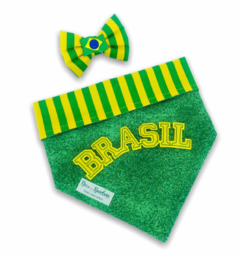 Conjunto bandana Brasil dupla face listrada e laço