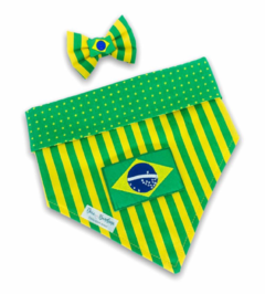 Conjunto bandana Brasil bandeira dupla face estrelinhas e laço