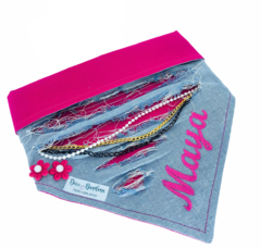 Bandana Trend jeans claro com pink personalizada com nome do pet