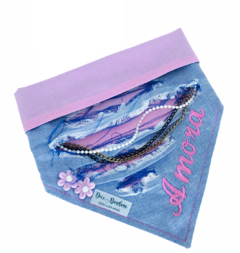 Bandana Trend jeans claro com rosa personalizada com nome do pet