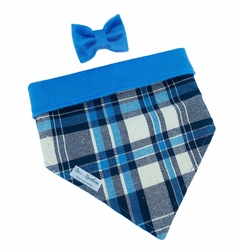 Conjunto bandana inverno xadrez azul dupla face pelúcia azul e laço pelúcia azul