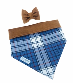 Conjunto bandana inverno xadrez marinho dupla face pelúcia marrom e laço pelúcia marrom