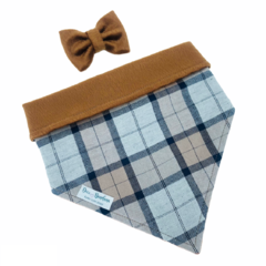 Conjunto bandana inverno xadrez pastel dupla face pelúcia marrom e laço pelúcia marrom