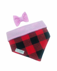 Conjunto bandana inverno xadrez rouge dupla face pelúcia rosa e laço pelúcia rosa